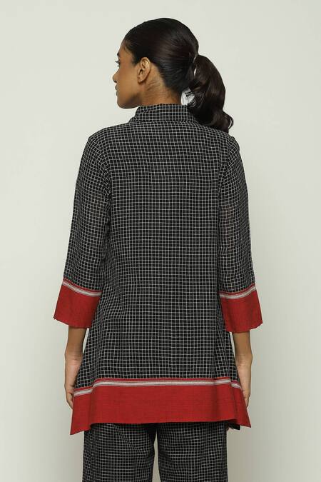 Shop Abraham And Thakore Black Cotton Collared Chettinad Checkered Pattern Button Down Shirt at Aza Fashions Shop_Abraham And Thakore_Black Cotton Collared Chettinad Checkered Pattern Button Down Shirt_at_Aza_Fashions