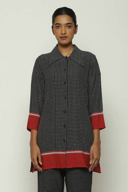 Abraham And Thakore Black Cotton Collared Chettinad Checkered Pattern Button Down Shirt Online at Aza Fashions Abraham And Thakore_Black Cotton Collared Chettinad Checkered Pattern Button Down Shirt_Online_at_Aza_Fashions
