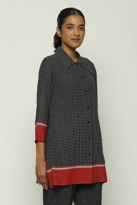 Shop Abraham And Thakore Black Cotton Collared Chettinad Checkered Pattern Button Down Shirt Online at Aza Fashions Shop_Abraham And Thakore_Black Cotton Collared Chettinad Checkered Pattern Button Down Shirt_Online_at_Aza_Fashions