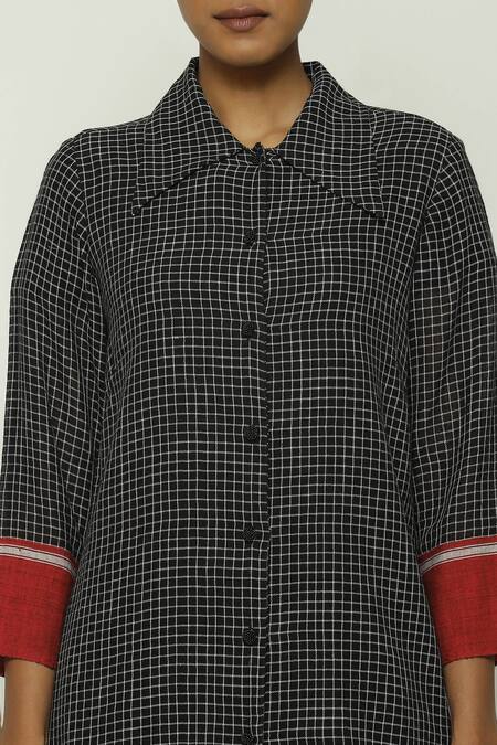 Abraham And Thakore Black Cotton Collared Chettinad Checkered Pattern Button Down Shirt at Aza Fashions Abraham And Thakore_Black Cotton Collared Chettinad Checkered Pattern Button Down Shirt_at_Aza_Fashions