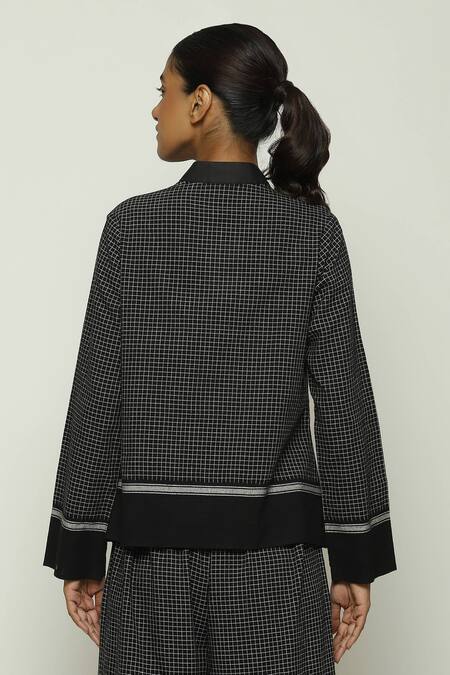 Shop Abraham And Thakore Black Cotton Mandarin Collar Chettinad Checkered Shirt at Aza Fashions Shop_Abraham And Thakore_Black Cotton Mandarin Collar Chettinad Checkered Shirt_at_Aza_Fashions