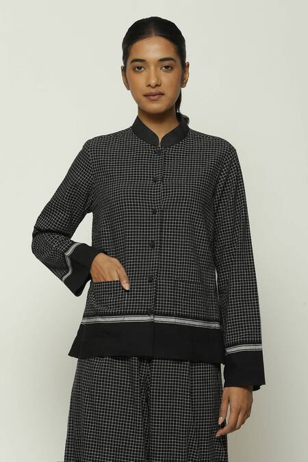 Abraham And Thakore Black Cotton Mandarin Collar Chettinad Checkered Shirt Online at Aza Fashions Abraham And Thakore_Black Cotton Mandarin Collar Chettinad Checkered Shirt_Online_at_Aza_Fashions