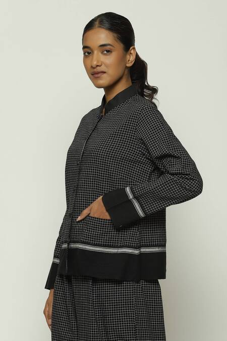 Buy Abraham And Thakore Black Cotton Mandarin Collar Chettinad Checkered Shirt Online at Aza Fashions Buy_Abraham And Thakore_Black Cotton Mandarin Collar Chettinad Checkered Shirt_Online_at_Aza_Fashions