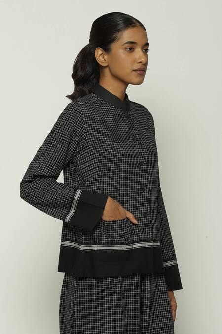 Shop Abraham And Thakore Black Cotton Mandarin Collar Chettinad Checkered Shirt Online at Aza Fashions Shop_Abraham And Thakore_Black Cotton Mandarin Collar Chettinad Checkered Shirt_Online_at_Aza_Fashions