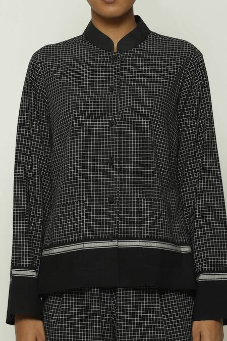 Abraham And Thakore Black Cotton Mandarin Collar Chettinad Checkered Shirt at Aza Fashions Abraham And Thakore_Black Cotton Mandarin Collar Chettinad Checkered Shirt_at_Aza_Fashions