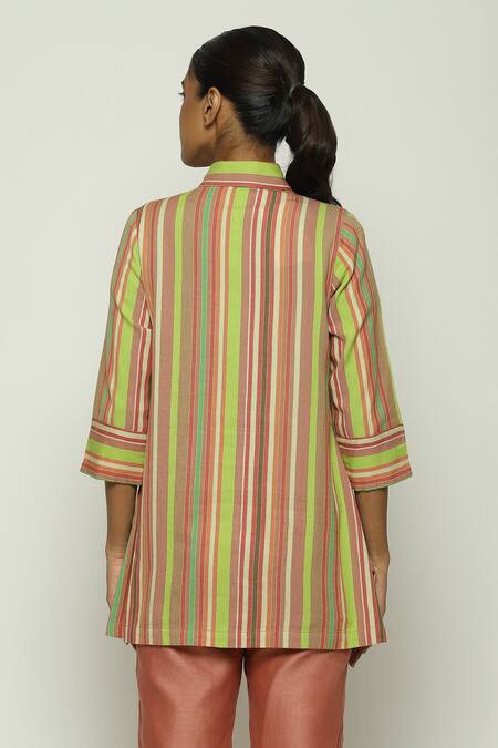 Shop Abraham And Thakore Multi Color Cotton Collared Striped Button Down Shirt at Aza Fashions Shop_Abraham And Thakore_Multi Color Cotton Collared Striped Button Down Shirt_at_Aza_Fashions