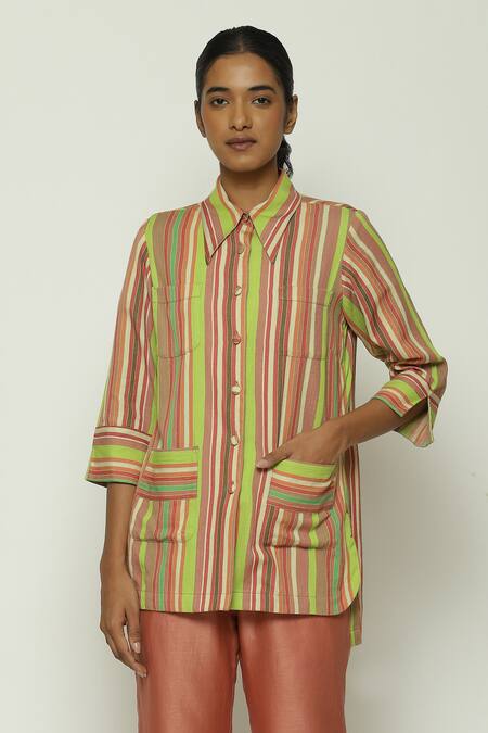 Abraham And Thakore Multi Color Cotton Collared Striped Button Down Shirt Online at Aza Fashions Abraham And Thakore_Multi Color Cotton Collared Striped Button Down Shirt_Online_at_Aza_Fashions