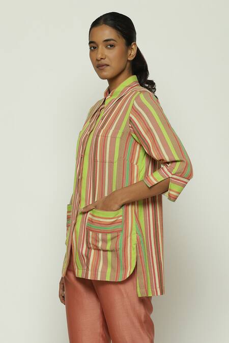 Buy Abraham And Thakore Multi Color Cotton Collared Striped Button Down Shirt Online at Aza Fashions Buy_Abraham And Thakore_Multi Color Cotton Collared Striped Button Down Shirt_Online_at_Aza_Fashions
