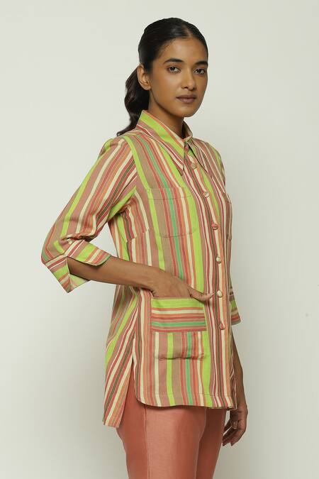 Shop Abraham And Thakore Multi Color Cotton Collared Striped Button Down Shirt Online at Aza Fashions Shop_Abraham And Thakore_Multi Color Cotton Collared Striped Button Down Shirt_Online_at_Aza_Fashions