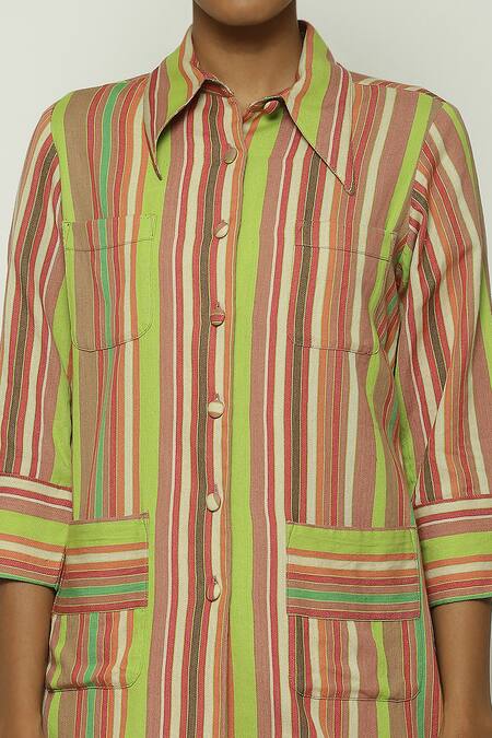 Abraham And Thakore Multi Color Cotton Collared Striped Button Down Shirt at Aza Fashions Abraham And Thakore_Multi Color Cotton Collared Striped Button Down Shirt_at_Aza_Fashions