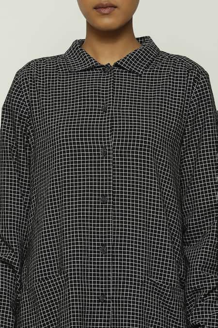 Shop Abraham And Thakore Black Cotton Collared Checkered Pattern Shirt Kurta Online at Aza Fashions Shop_Abraham And Thakore_Black Cotton Collared Checkered Pattern Shirt Kurta _Online_at_Aza_Fashions