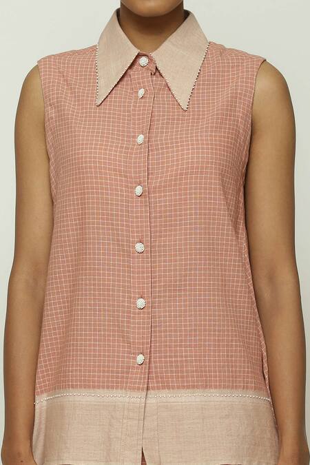 Abraham And Thakore Red Cotton Collared Checkered Pattern High Low Top at Aza Fashions Abraham And Thakore_Red Cotton Collared Checkered Pattern High Low Top _at_Aza_Fashions