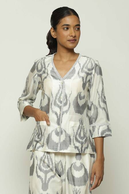 Abraham And Thakore Grey Silk, Cotton V-neck Ikat Ottoman Tulip Top Online at Aza Fashions Abraham And Thakore_Grey Silk, Cotton V-neck Ikat Ottoman Tulip Top _Online_at_Aza_Fashions