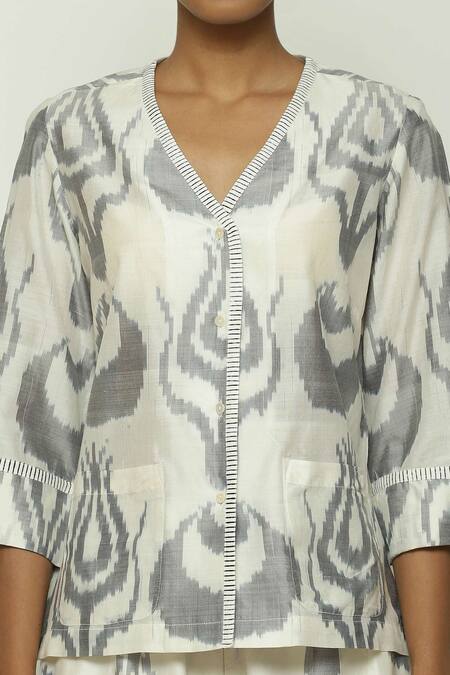 Abraham And Thakore Grey Silk, Cotton V-neck Ikat Ottoman Tulip Top at Aza Fashions Abraham And Thakore_Grey Silk, Cotton V-neck Ikat Ottoman Tulip Top _at_Aza_Fashions