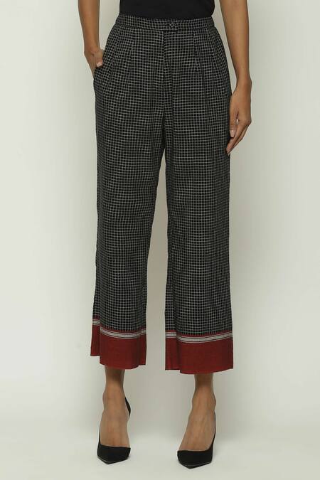 Shop Abraham And Thakore Black Cotton Checkered Pattern Straight Pant at Aza Fashions Shop_Abraham And Thakore_Black Cotton Checkered Pattern Straight Pant_at_Aza_Fashions