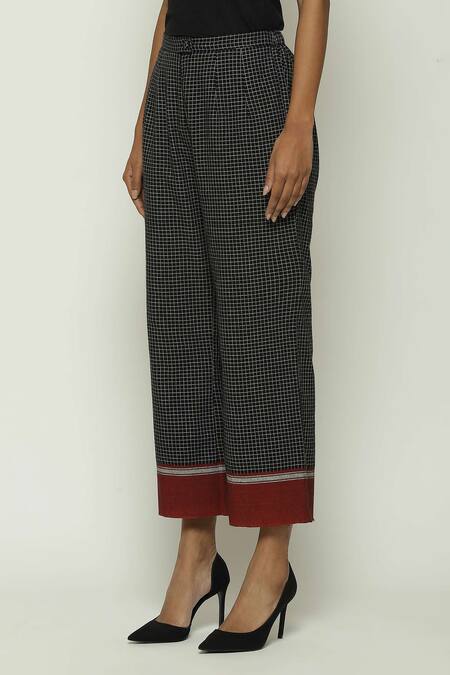 Abraham And Thakore Black Cotton Checkered Pattern Straight Pant Online at Aza Fashions Abraham And Thakore_Black Cotton Checkered Pattern Straight Pant_Online_at_Aza_Fashions