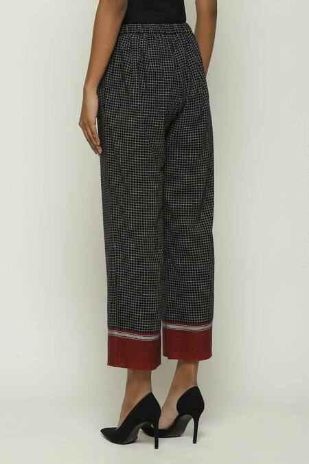 Shop Abraham And Thakore Black Cotton Checkered Pattern Straight Pant Online at Aza Fashions Shop_Abraham And Thakore_Black Cotton Checkered Pattern Straight Pant_Online_at_Aza_Fashions