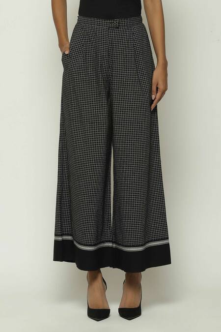 Shop Abraham And Thakore Black Cotton Chettinad Checkered Pattern Wide Legged Pant at Aza Fashions Shop_Abraham And Thakore_Black Cotton Chettinad Checkered Pattern Wide Legged Pant_at_Aza_Fashions