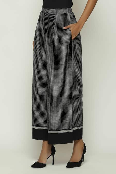 Abraham And Thakore Black Cotton Chettinad Checkered Pattern Wide Legged Pant Online at Aza Fashions Abraham And Thakore_Black Cotton Chettinad Checkered Pattern Wide Legged Pant_Online_at_Aza_Fashions