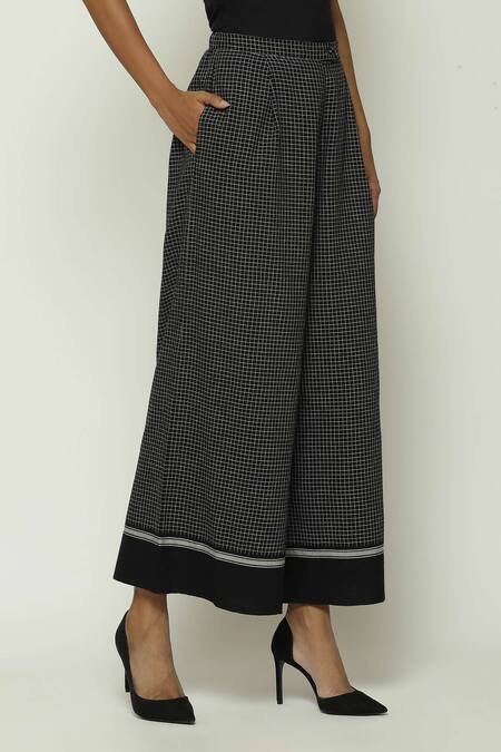 Buy Abraham And Thakore Black Cotton Chettinad Checkered Pattern Wide Legged Pant Online at Aza Fashions Buy_Abraham And Thakore_Black Cotton Chettinad Checkered Pattern Wide Legged Pant_Online_at_Aza_Fashions