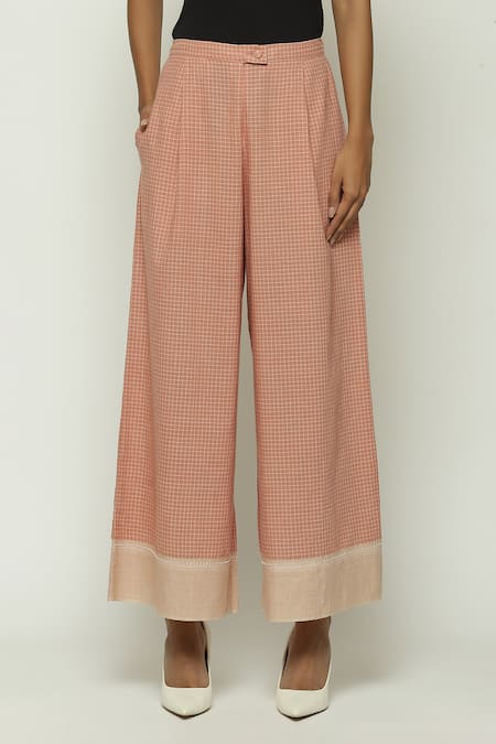 Shop Abraham And Thakore Red Cotton Chettinad Checkered Pattern Wide Legged Pant at Aza Fashions Shop_Abraham And Thakore_Red Cotton Chettinad Checkered Pattern Wide Legged Pant_at_Aza_Fashions