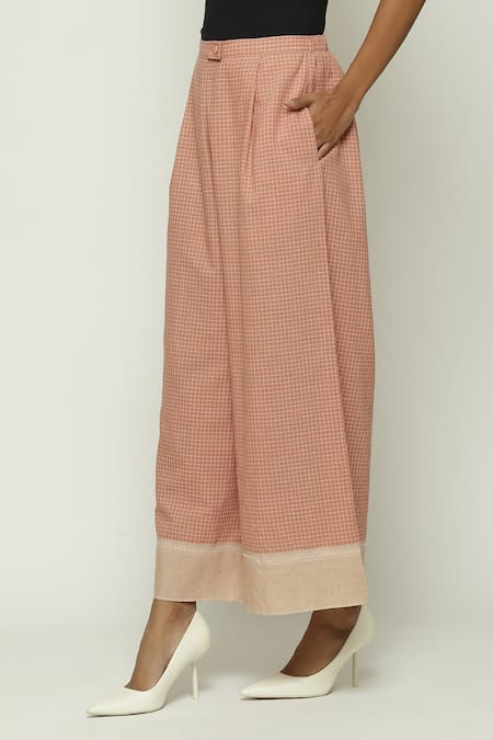 Abraham And Thakore Red Cotton Chettinad Checkered Pattern Wide Legged Pant Online at Aza Fashions Abraham And Thakore_Red Cotton Chettinad Checkered Pattern Wide Legged Pant_Online_at_Aza_Fashions
