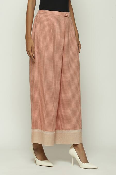 Buy Abraham And Thakore Red Cotton Chettinad Checkered Pattern Wide Legged Pant Online at Aza Fashions Buy_Abraham And Thakore_Red Cotton Chettinad Checkered Pattern Wide Legged Pant_Online_at_Aza_Fashions