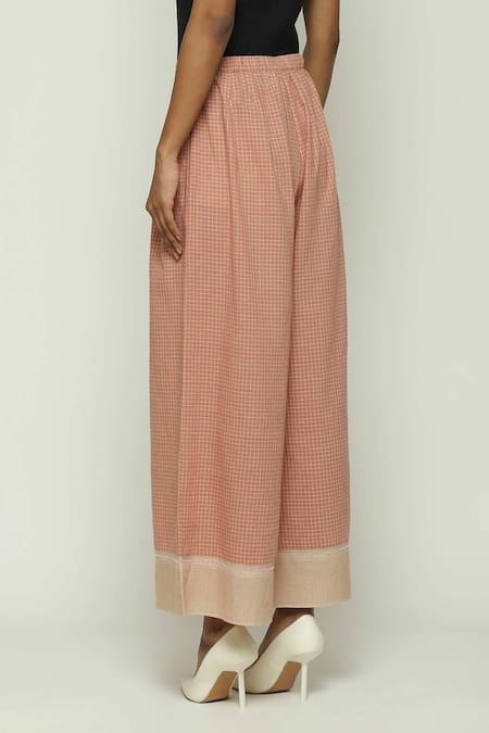Shop Abraham And Thakore Red Cotton Chettinad Checkered Pattern Wide Legged Pant Online at Aza Fashions Shop_Abraham And Thakore_Red Cotton Chettinad Checkered Pattern Wide Legged Pant_Online_at_Aza_Fashions