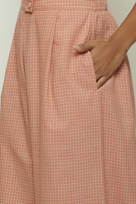 Abraham And Thakore Red Cotton Chettinad Checkered Pattern Wide Legged Pant at Aza Fashions Abraham And Thakore_Red Cotton Chettinad Checkered Pattern Wide Legged Pant_at_Aza_Fashions