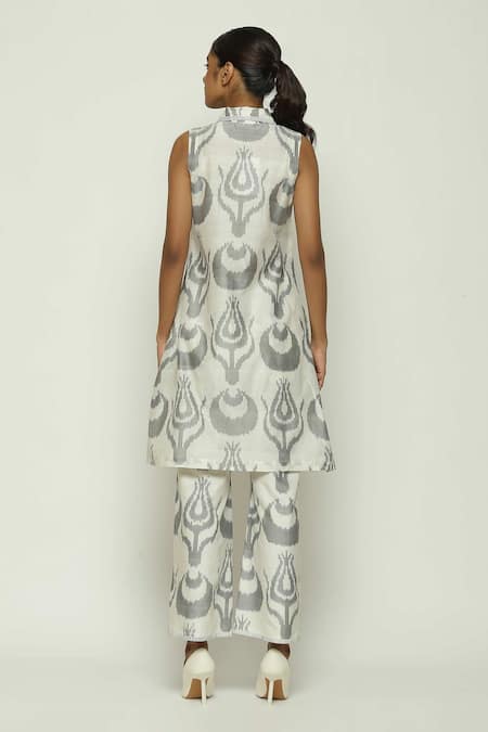 Shop_Abraham And Thakore_Grey Silk, Cotton Collared Ikat Ottoman Tulip Dress_at_Aza_Fashions