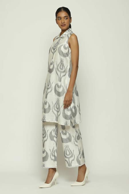 Abraham And Thakore_Grey Silk, Cotton Collared Ikat Ottoman Tulip Dress_Online_at_Aza_Fashions