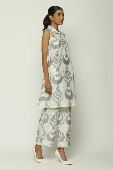 Buy_Abraham And Thakore_Grey Silk, Cotton Collared Ikat Ottoman Tulip Dress_Online_at_Aza_Fashions