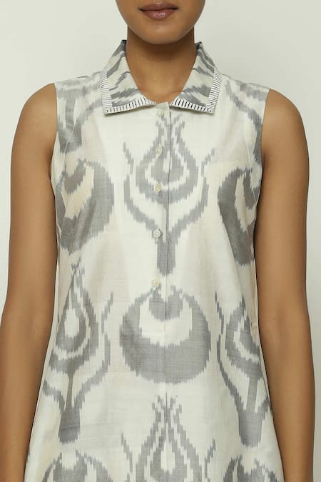 Shop_Abraham And Thakore_Grey Silk, Cotton Collared Ikat Ottoman Tulip Dress_Online_at_Aza_Fashions