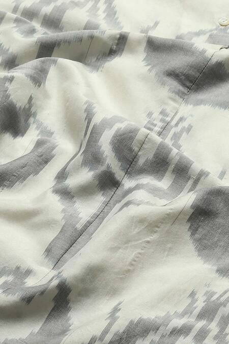 Abraham And Thakore_Grey Silk, Cotton Collared Ikat Ottoman Tulip Dress_at_Aza_Fashions