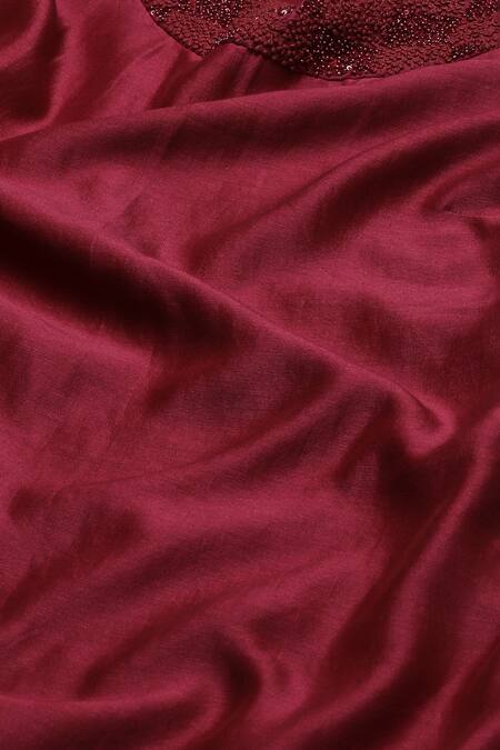 Abraham And Thakore_Wine Chanderi Embroidery Split V-neck Kurta_at_Aza_Fashions