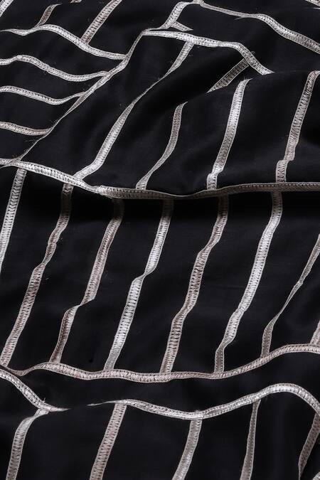 Abraham And Thakore Black Chanderi Lace Split V-neck Tonal Trimmed Kurta at Aza Fashions Abraham And Thakore_Black Chanderi Lace Split V-neck Tonal Trimmed Kurta_at_Aza_Fashions