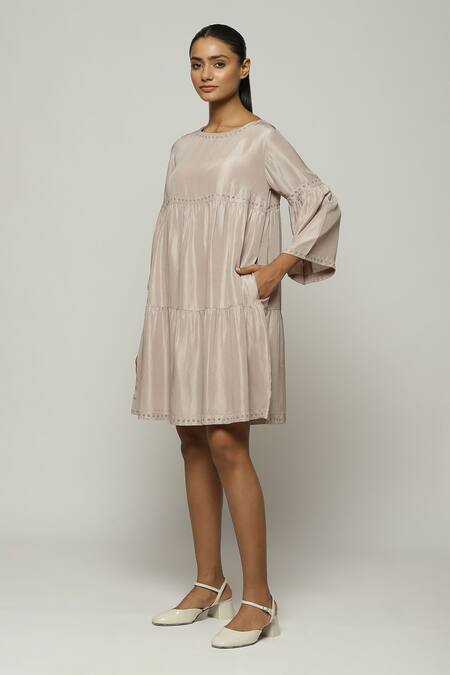 Abraham And Thakore_Grey Silk Mirrors Round Neck Tiered Ring Embroidered Dress_Online_at_Aza_Fashions