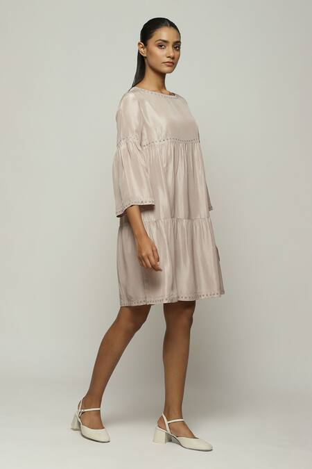 Buy_Abraham And Thakore_Grey Silk Mirrors Round Neck Tiered Ring Embroidered Dress_Online_at_Aza_Fashions
