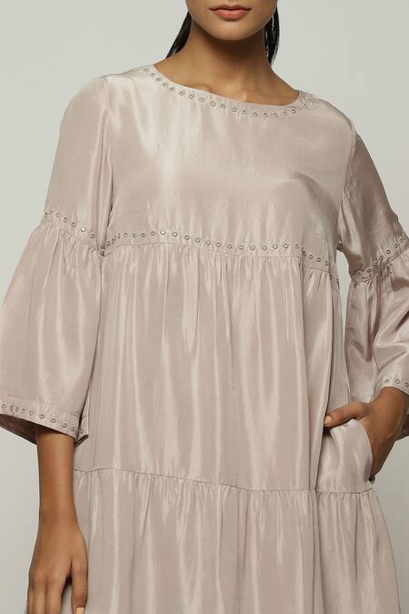 Shop_Abraham And Thakore_Grey Silk Mirrors Round Neck Tiered Ring Embroidered Dress_Online_at_Aza_Fashions