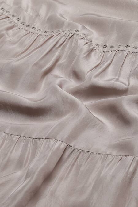 Abraham And Thakore_Grey Silk Mirrors Round Neck Tiered Ring Embroidered Dress_at_Aza_Fashions