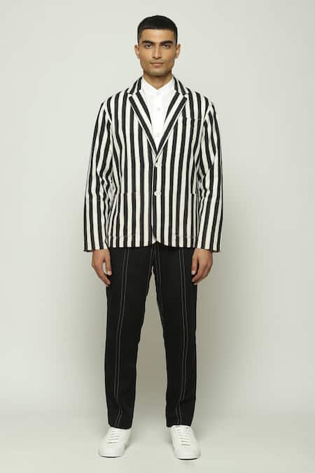 Abraham & Thakore Black 100% Cotton Striped Jacket 