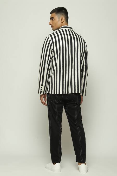 Shop Abraham And Thakore Black Cotton Double Ikat Striped Jacket at Aza Fashions Shop_Abraham And Thakore_Black Cotton Double Ikat Striped Jacket_at_Aza_Fashions