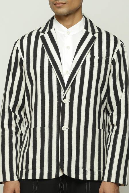 Abraham And Thakore Black Cotton Double Ikat Striped Jacket Online at Aza Fashions Abraham And Thakore_Black Cotton Double Ikat Striped Jacket_Online_at_Aza_Fashions