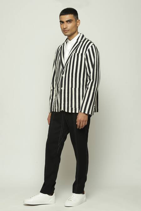 Shop Abraham And Thakore Black Cotton Double Ikat Striped Jacket Online at Aza Fashions Shop_Abraham And Thakore_Black Cotton Double Ikat Striped Jacket_Online_at_Aza_Fashions