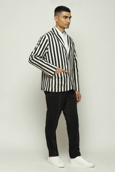 Abraham And Thakore Black Cotton Double Ikat Striped Jacket at Aza Fashions Abraham And Thakore_Black Cotton Double Ikat Striped Jacket_at_Aza_Fashions