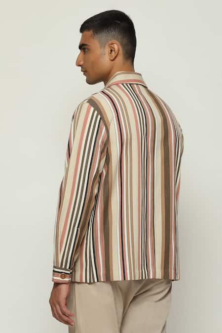 Shop Abraham And Thakore Multi Color Cotton Balance Striped Woven Jacket at Aza Fashions Shop_Abraham And Thakore_Multi Color Cotton Balance Striped Woven Jacket _at_Aza_Fashions