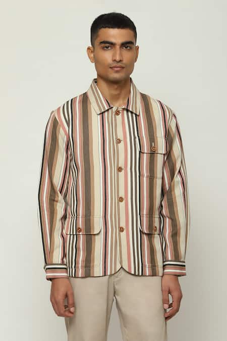 Shop Abraham And Thakore Multi Color Cotton Balance Striped Woven Jacket Online at Aza Fashions Shop_Abraham And Thakore_Multi Color Cotton Balance Striped Woven Jacket _Online_at_Aza_Fashions