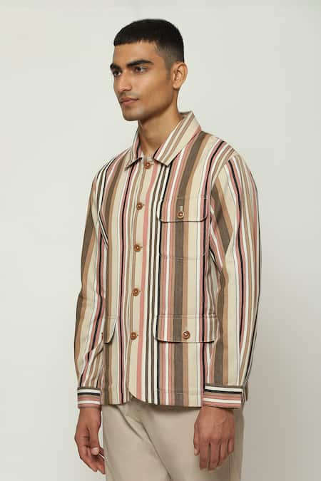 Abraham And Thakore Multi Color Cotton Balance Striped Woven Jacket at Aza Fashions Abraham And Thakore_Multi Color Cotton Balance Striped Woven Jacket _at_Aza_Fashions