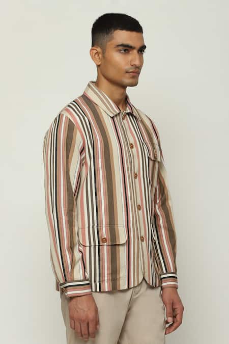 Buy Abraham And Thakore Multi Color Cotton Balance Striped Woven Jacket Buy_Abraham And Thakore_Multi Color Cotton Balance Striped Woven Jacket