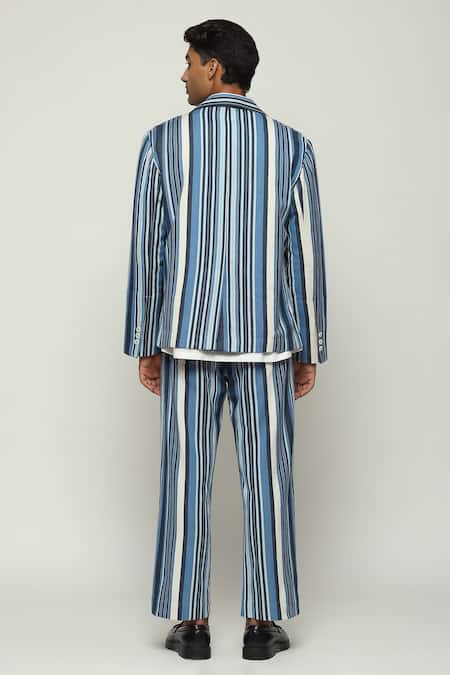 Shop Abraham And Thakore Blue Cotton Lapel Collar Striped Woven Jacket at Aza Fashions Shop_Abraham And Thakore_Blue Cotton Lapel Collar Striped Woven Jacket _at_Aza_Fashions